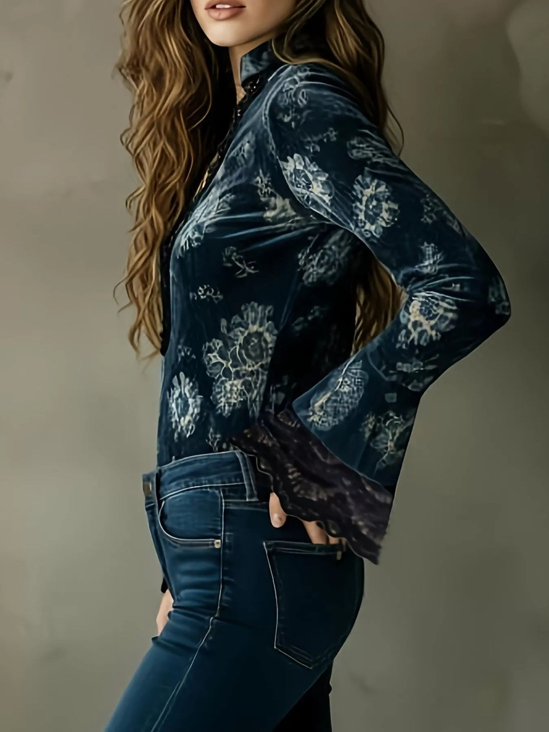 Dark blue patterned blouse with lace-trim flare sleeves and scalloped hem