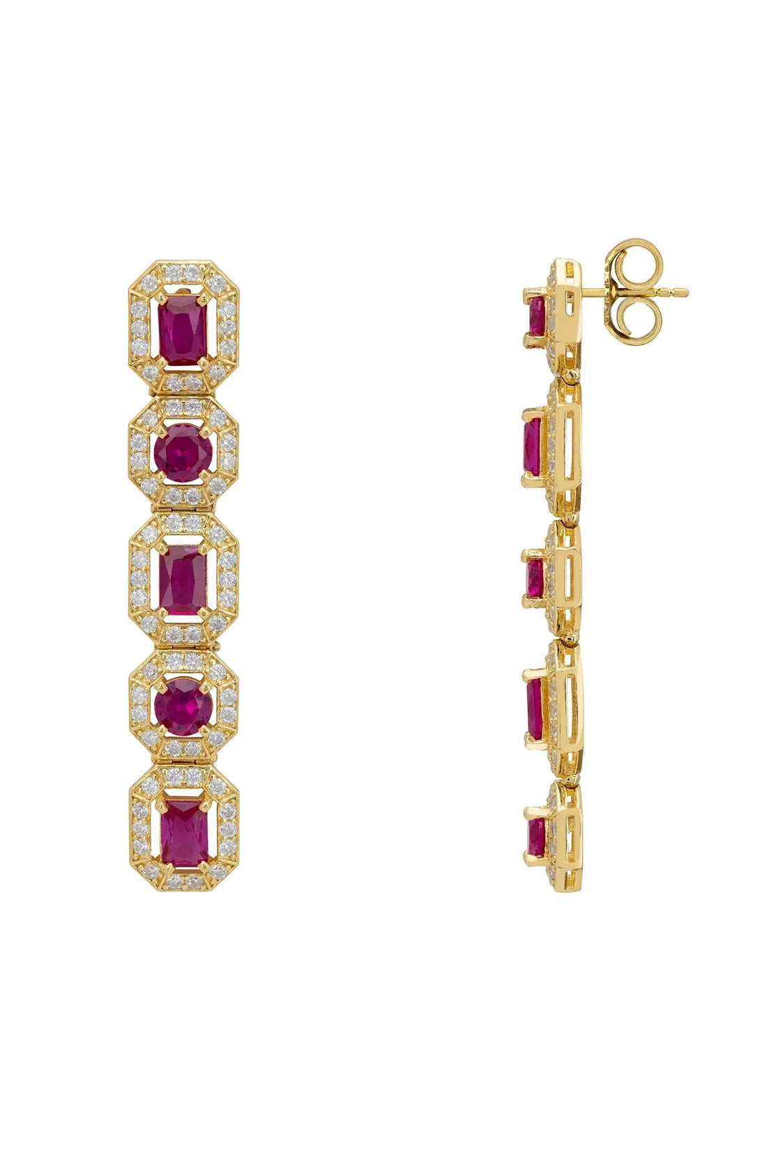 Gold-tone ruby gemstone drop earrings, front and back with hinge post