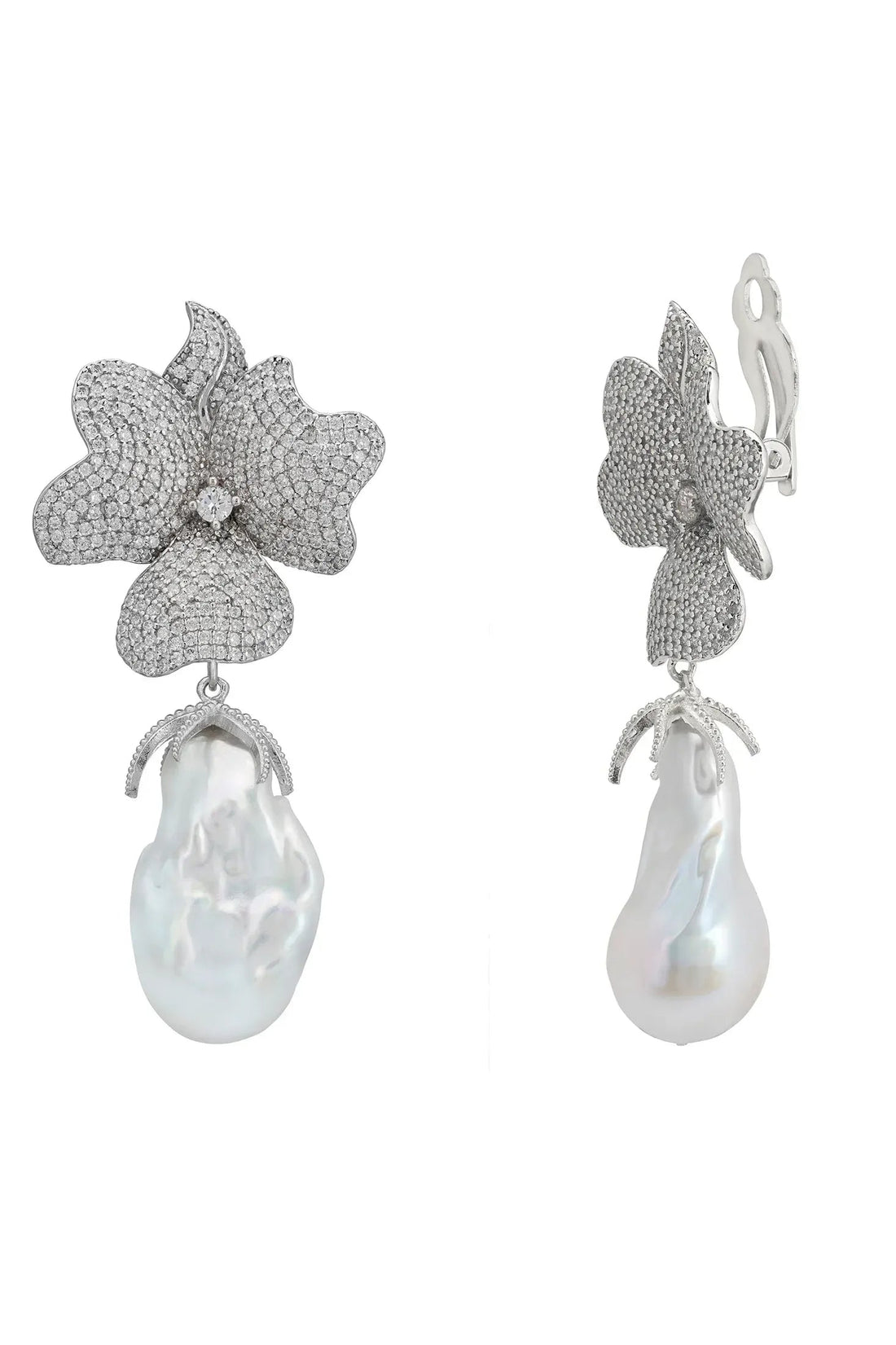 Flower drop clip-on earrings with silver glitter flowers and white pearl dangles, side view
