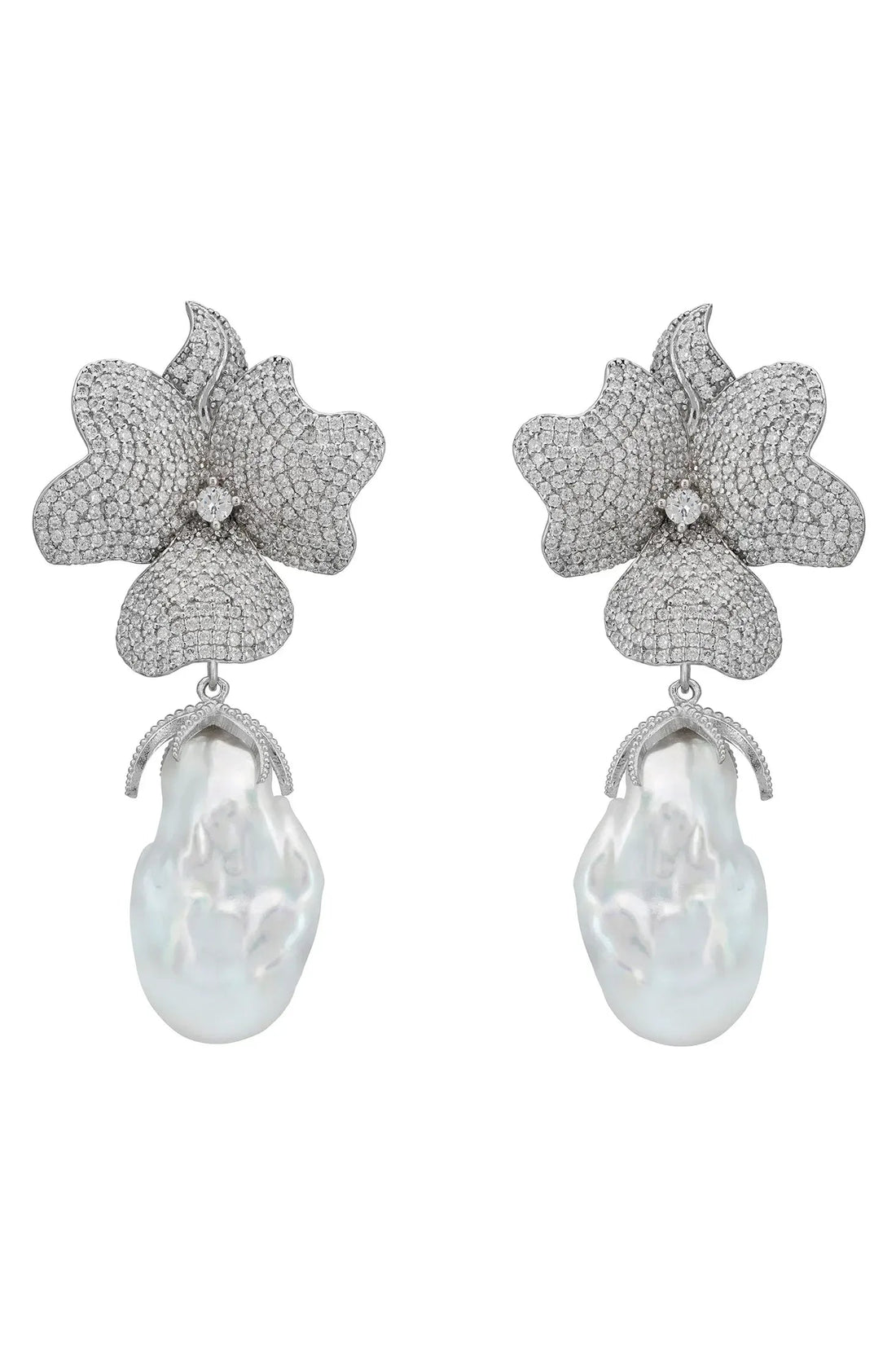 Flower drop clip-on earrings with silver glitter petals and white pearl dangle