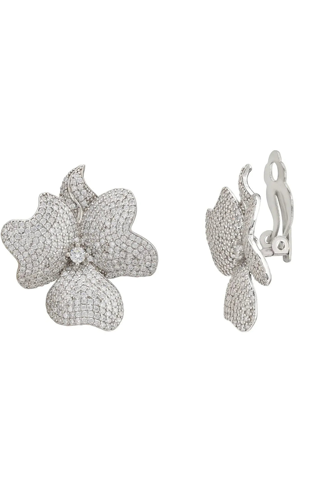 Large silver-tone flower clip-on earrings viewed from side, secure clip backs