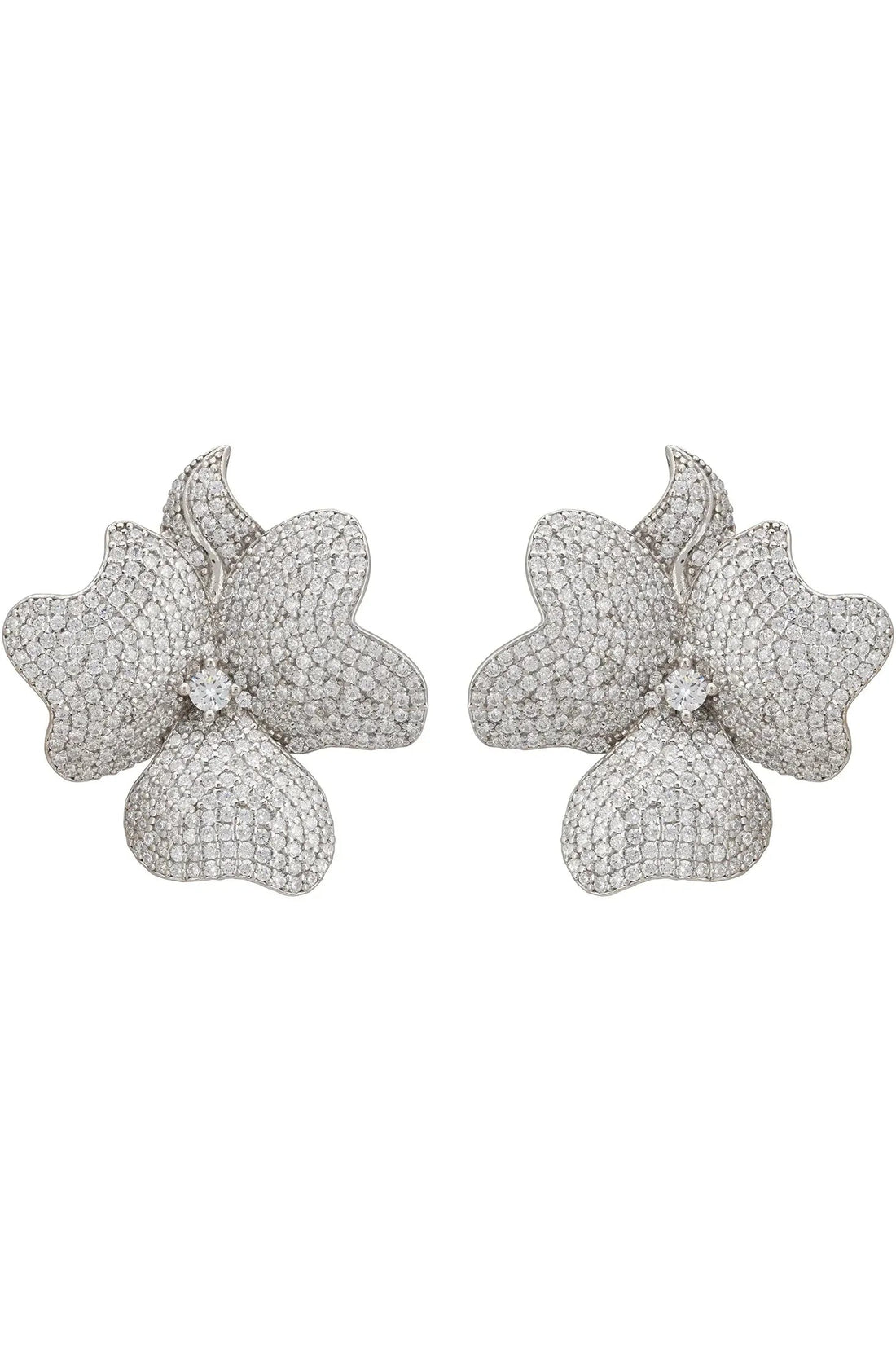 Large silver-tone flower clip-on stud earrings with sparkling textured petals