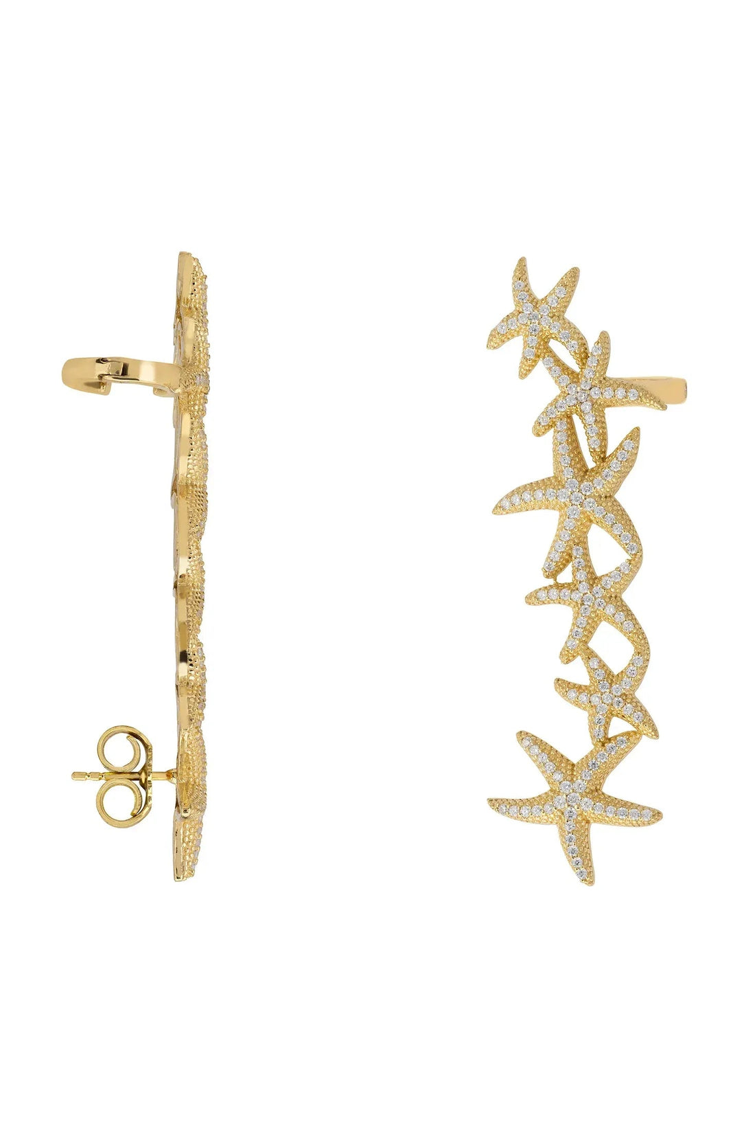 Gold starfish ear climber earring for left ear with rhinestone stars