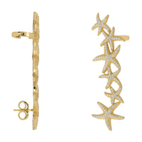 Gold starfish ear climber earring for left ear with rhinestone stars