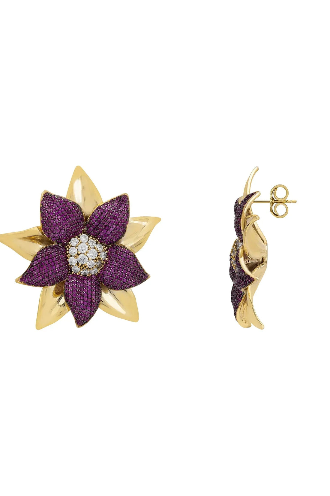 Gold-tone side view daisy stud earrings with purple petals and white crystal