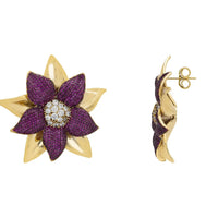 Gold-tone side view daisy stud earrings with purple petals and white crystal