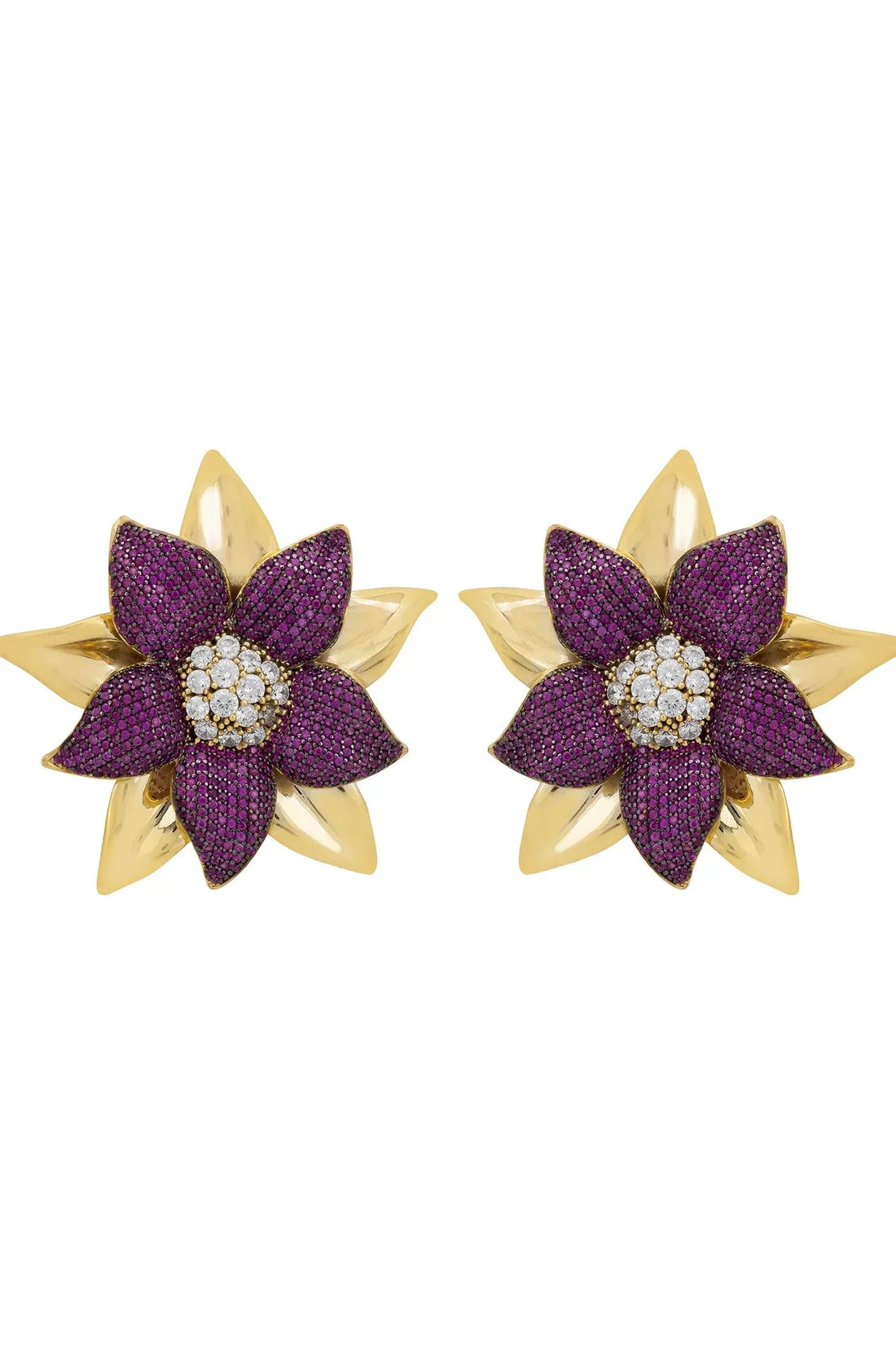 Gold-tone Marguerite daisy stud earrings with purple petals and white crystal center