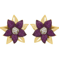 Gold-tone Marguerite daisy stud earrings with purple petals and white crystal center