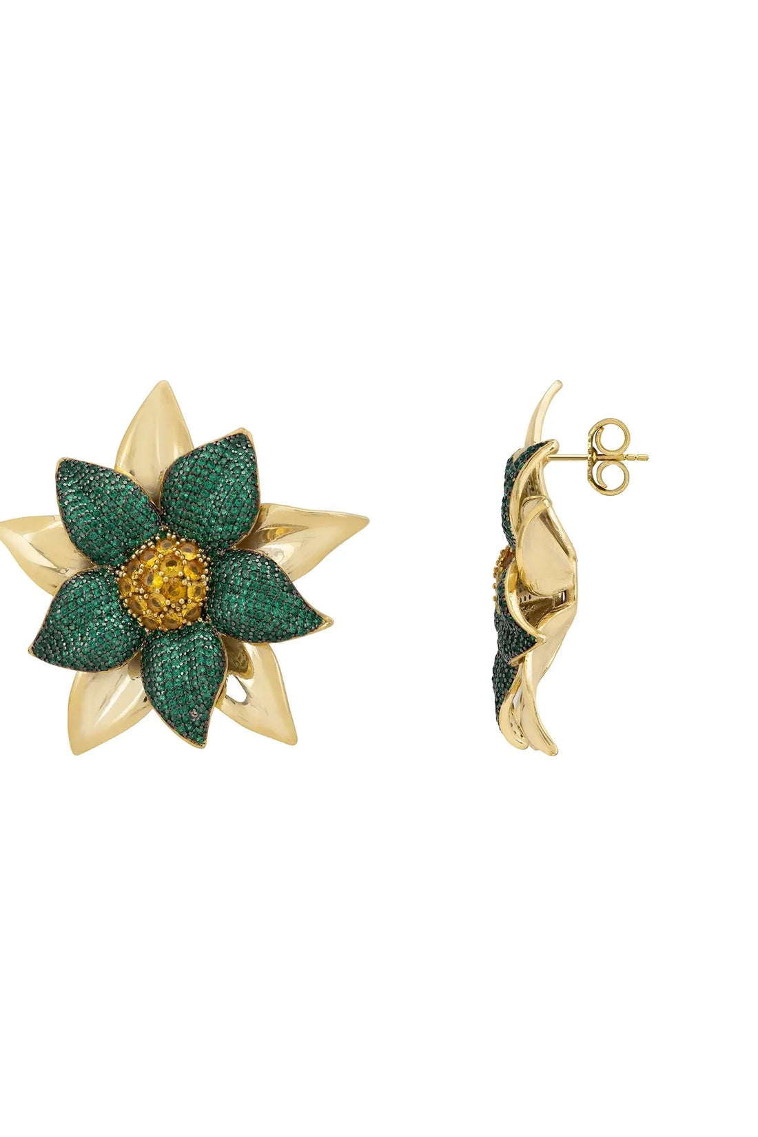 Pair of large green and gold flower stud earrings, back view