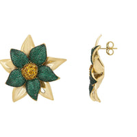 Pair of large green and gold flower stud earrings, back view