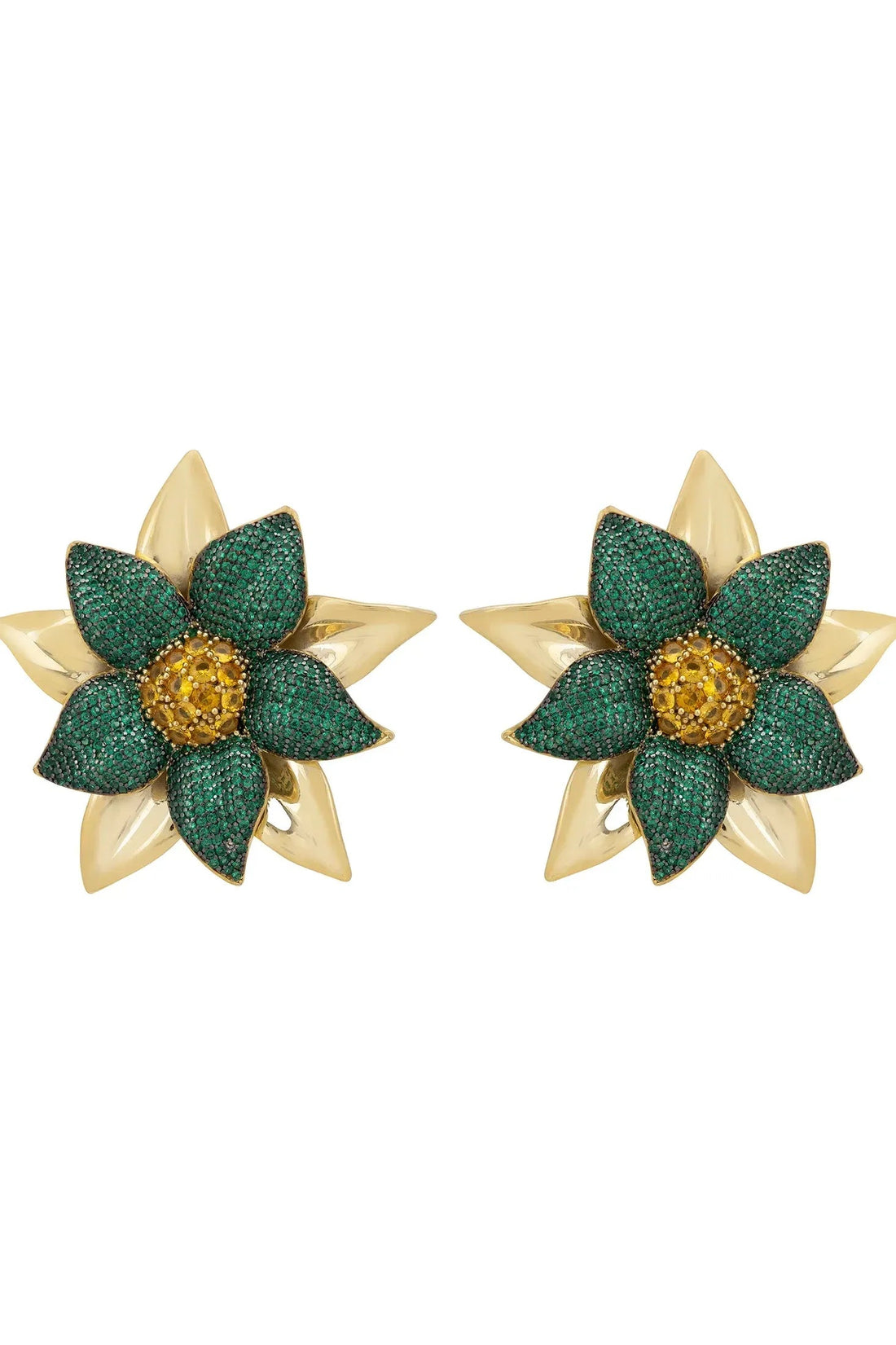 Large gold flower stud earrings with emerald green petals and yellow center