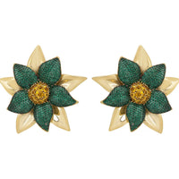 Large gold flower stud earrings with emerald green petals and yellow center