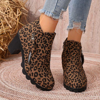 Leopard print suede ankle boots with round toe, block heel, and side zipper