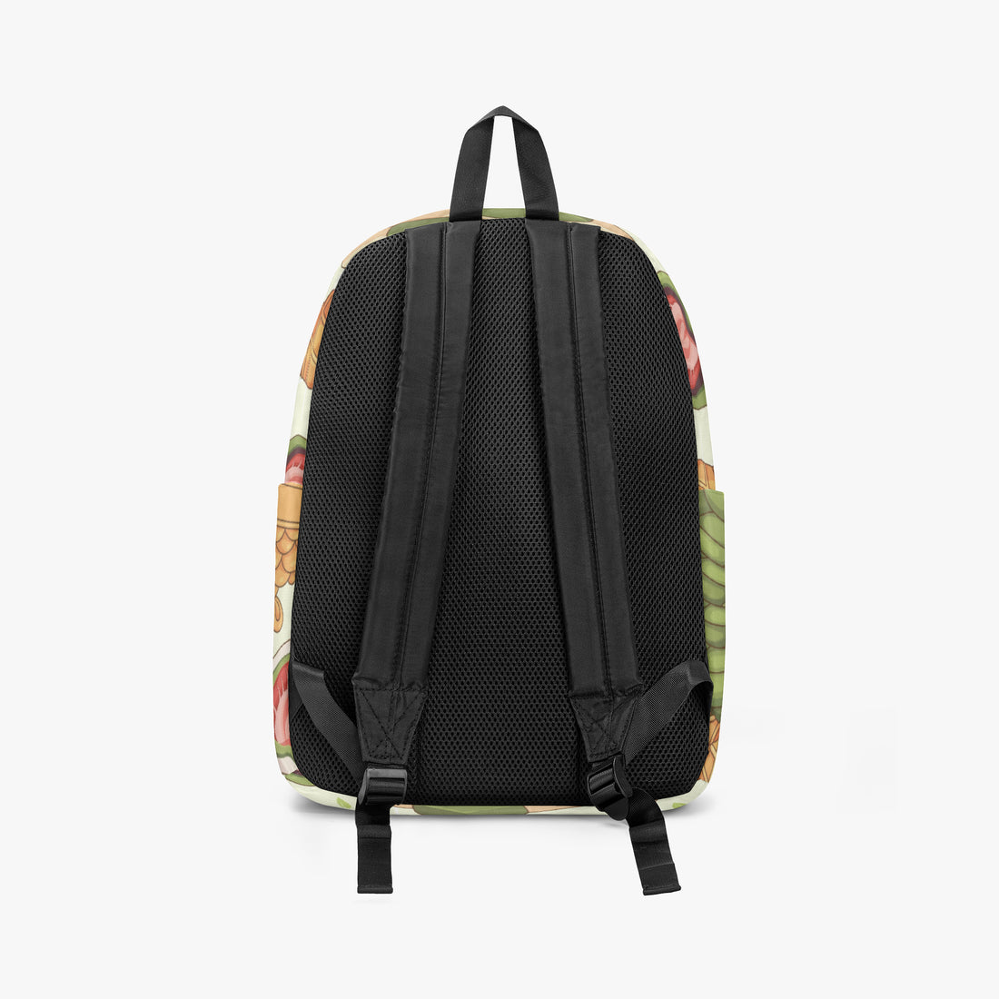 Back view of kids canvas backpack with green food print and cushioned black straps