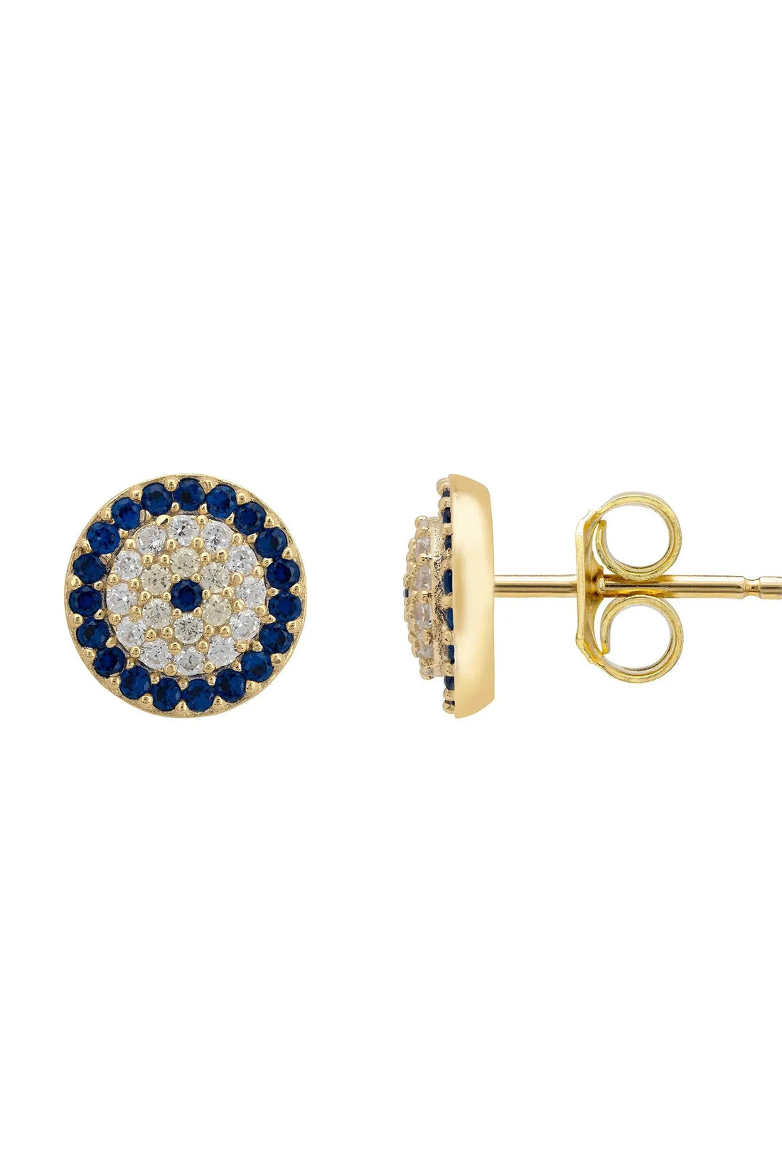 Gold-tone evil eye stud earrings with blue crystal border and visible posts