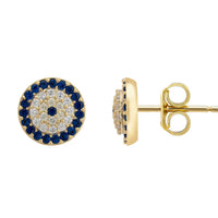 Gold-tone evil eye stud earrings with blue crystal border and visible posts