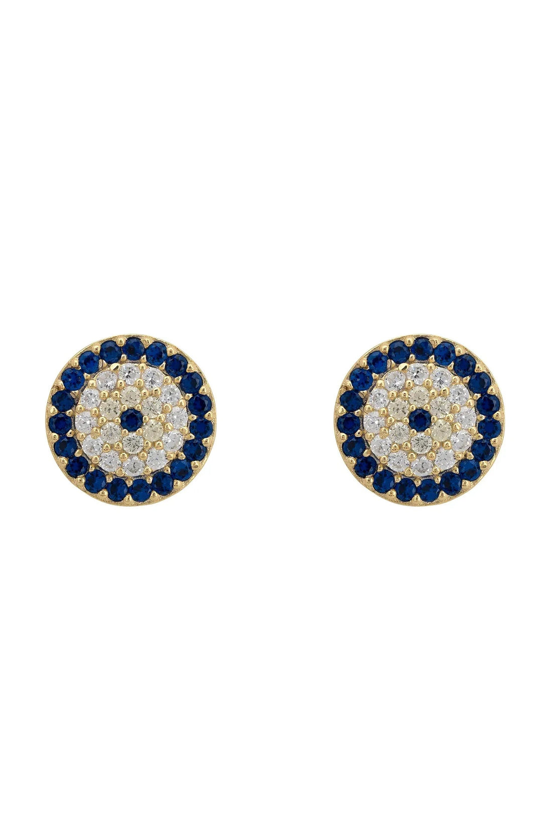 Gold evil eye stud earrings with blue and clear crystal halo