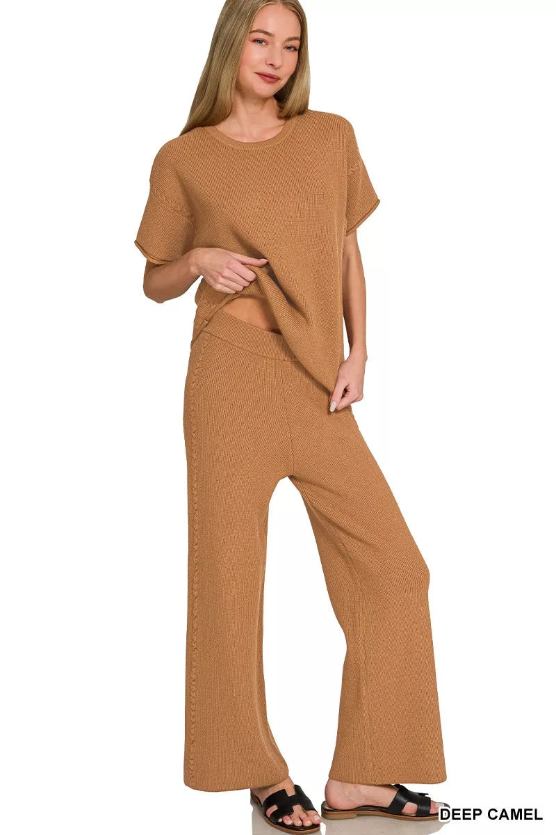 Deep camel viscose top with loose short sleeves and matching wide-leg pants set