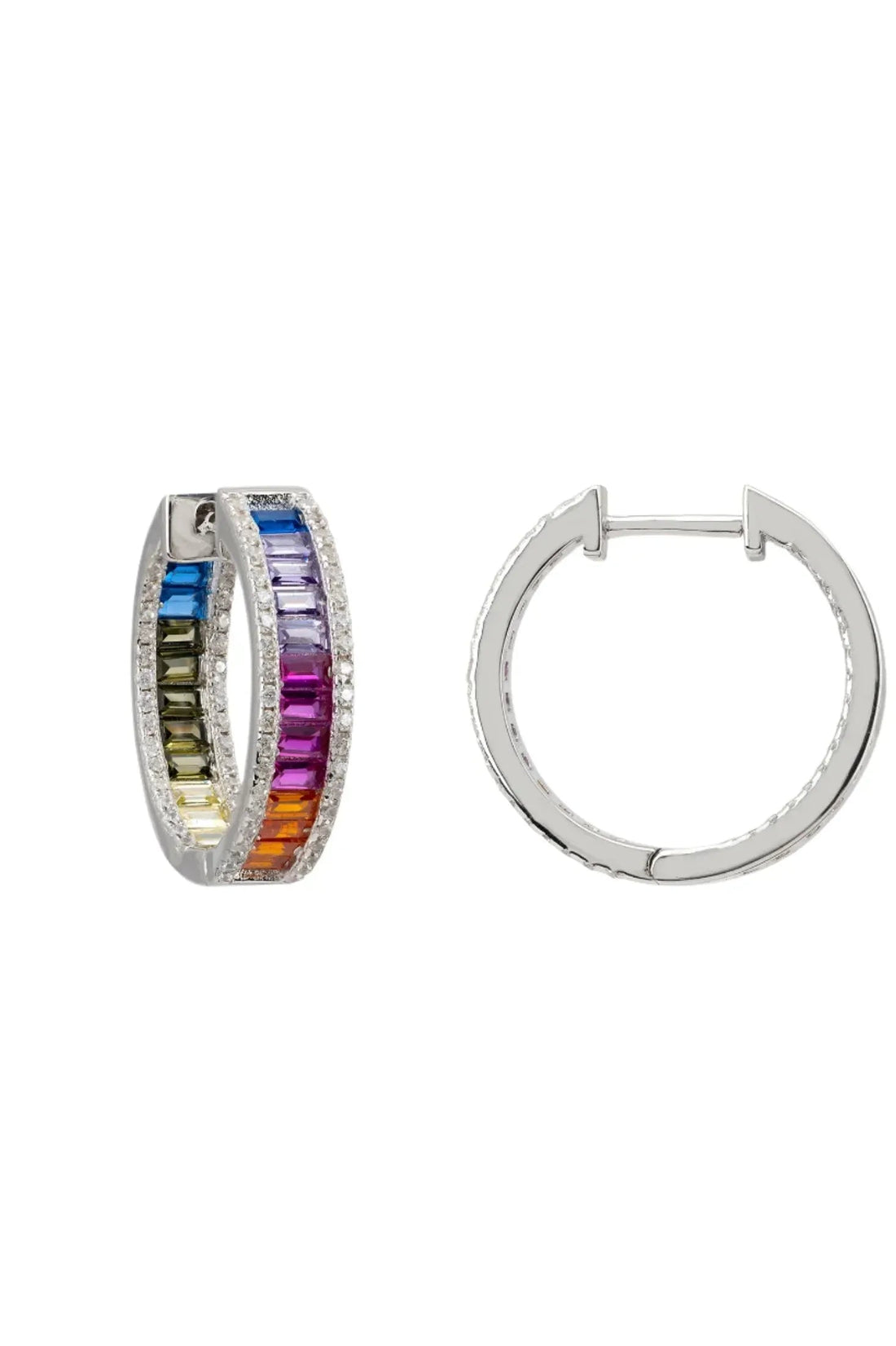 Silver rainbow baguette hoop earrings with hinged back and crystal border