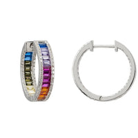 Silver rainbow baguette hoop earrings with hinged back and crystal border