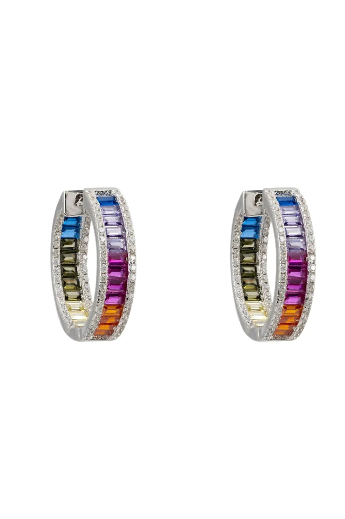 Silver hoop earrings with rainbow baguette gemstone stripe and crystal border