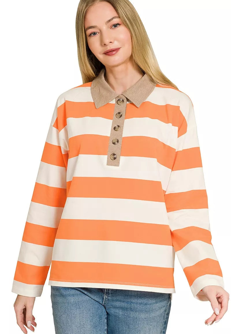 Orange and white striped long-sleeve polo top with taupe contrast collar and button placket