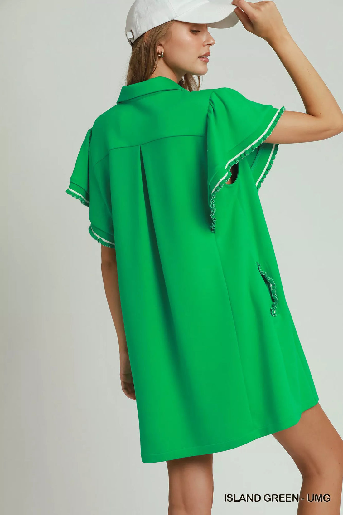 Green mini dress with half-zip placket and ruffled flared sleeves