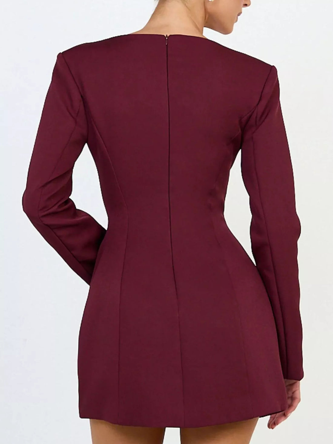 Wine red blazer dress back view with long sleeves and button-front panel