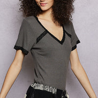 Charcoal textured V-neck T-shirt with black lace trim and short lace-trim sleeves