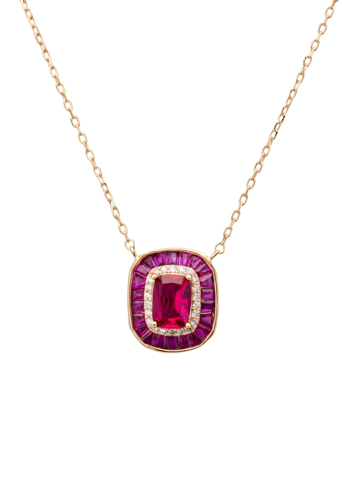 Gold chain pendant necklace with red oval center and purple gemstone frame
