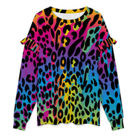 Multi Coloured Leopard Print Women's Ruffled Shoulder Top