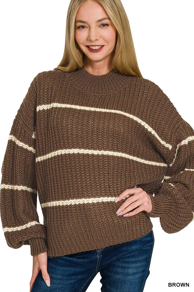 Oversize brown striped knit sweater with crew neck and ribbed cuffs, long sleeves