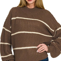 Oversize brown striped knit sweater with crew neck and ribbed cuffs, long sleeves