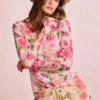 Pink multi floral sheer mesh cardigan top with V-neck, buttons, and tie waist detail