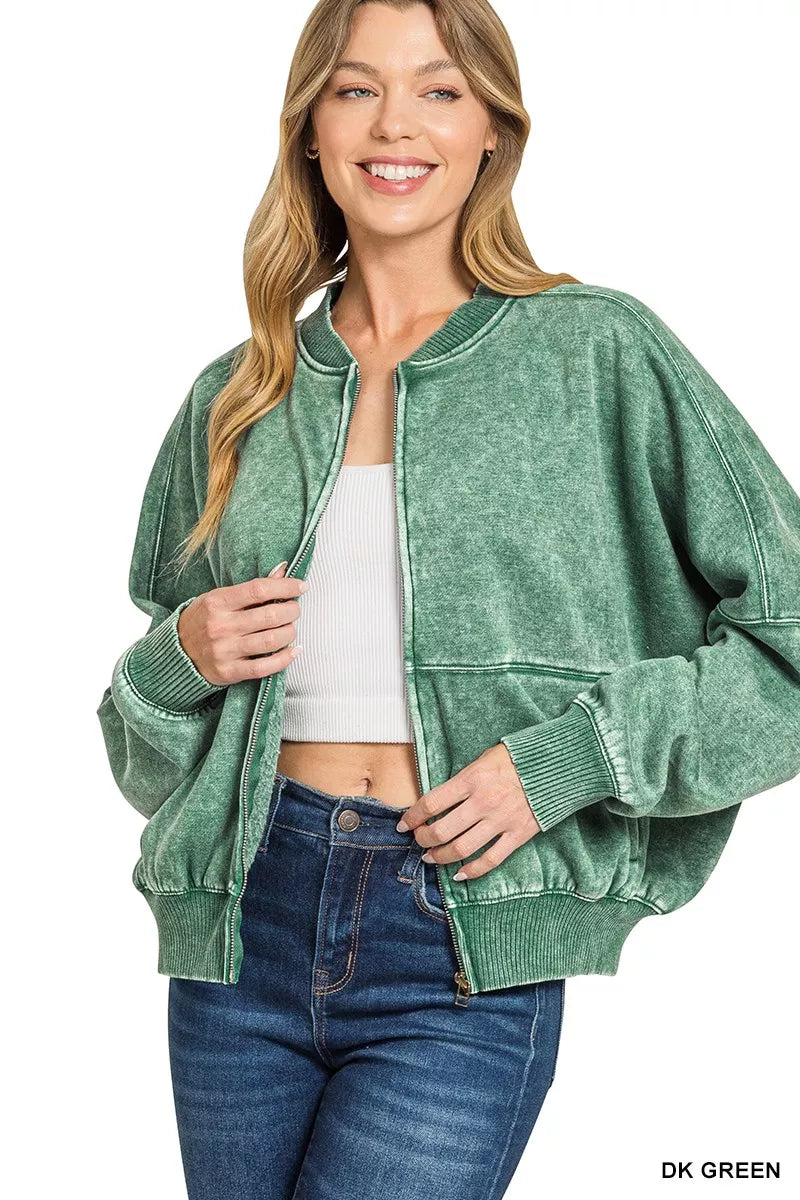 Dark green acid-washed fleece zip jacket with ribbed hem and cuffs