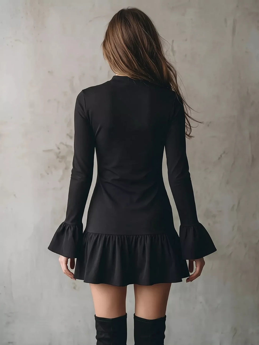 Black long-sleeve mini dress, back view, with ruffle hem and flared cuffs