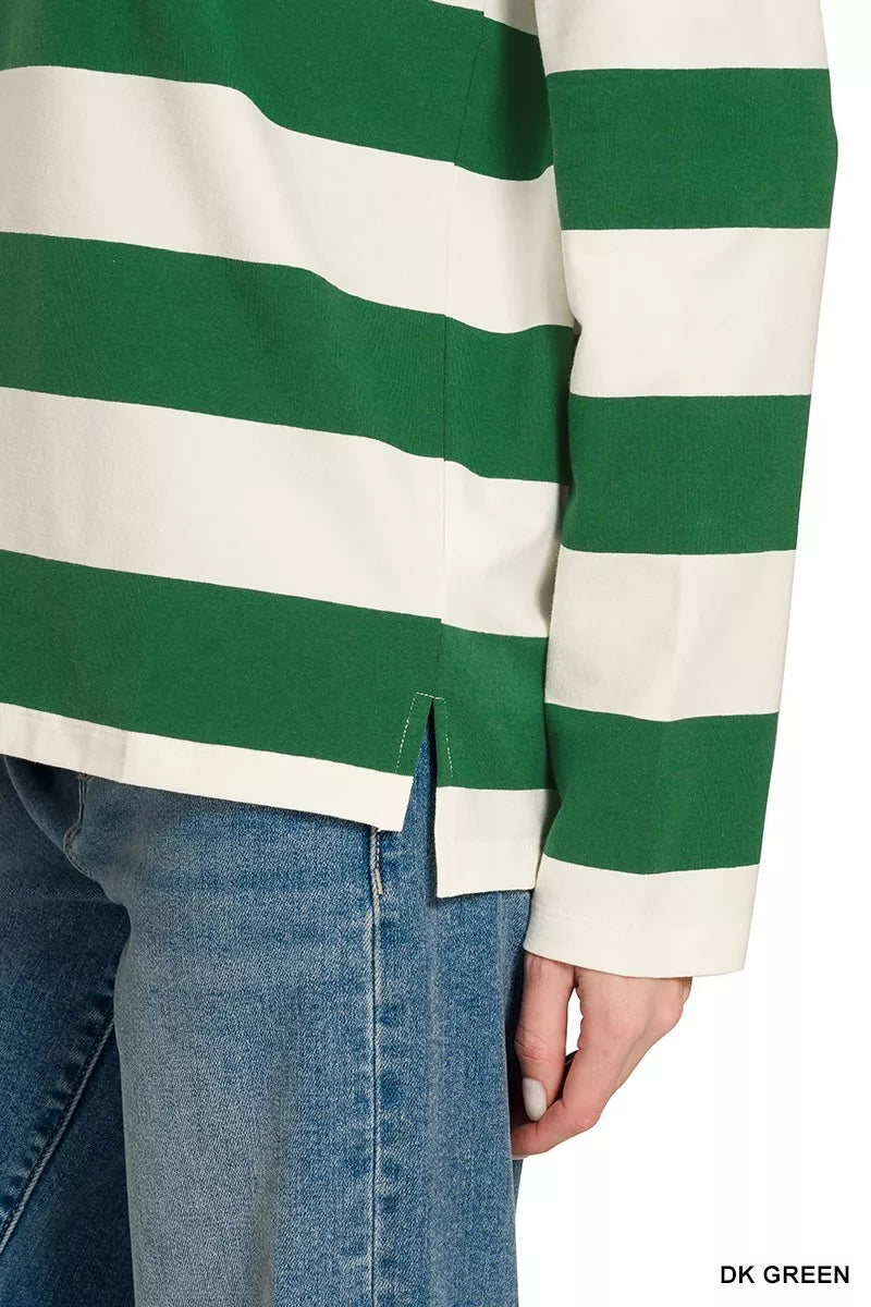 Green and white striped polo top side hem slit