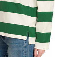 Green and white striped polo top side hem slit