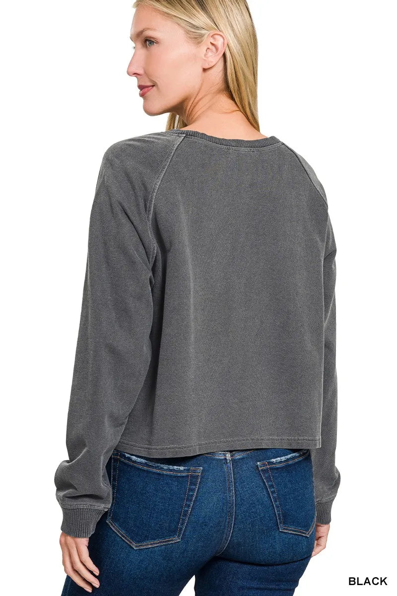Dark gray pullover with crew neckline, back side view