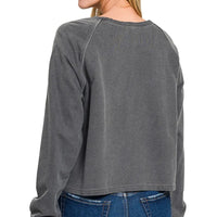 Dark gray pullover with crew neckline, back side view