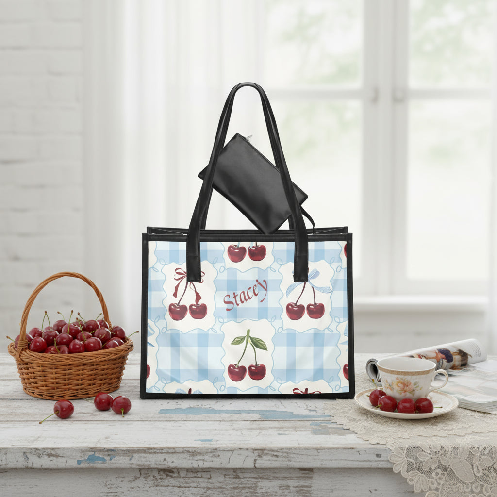 PVC Bag Clear | Personalized Blue Gingham & Cherry Stadium Tote
