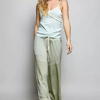 Mint lightweight ribbed knit cami with thin straps and small allover print, ruched bodice