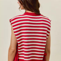 Back view of red and ivory striped sleeveless vest top with tied side fringe