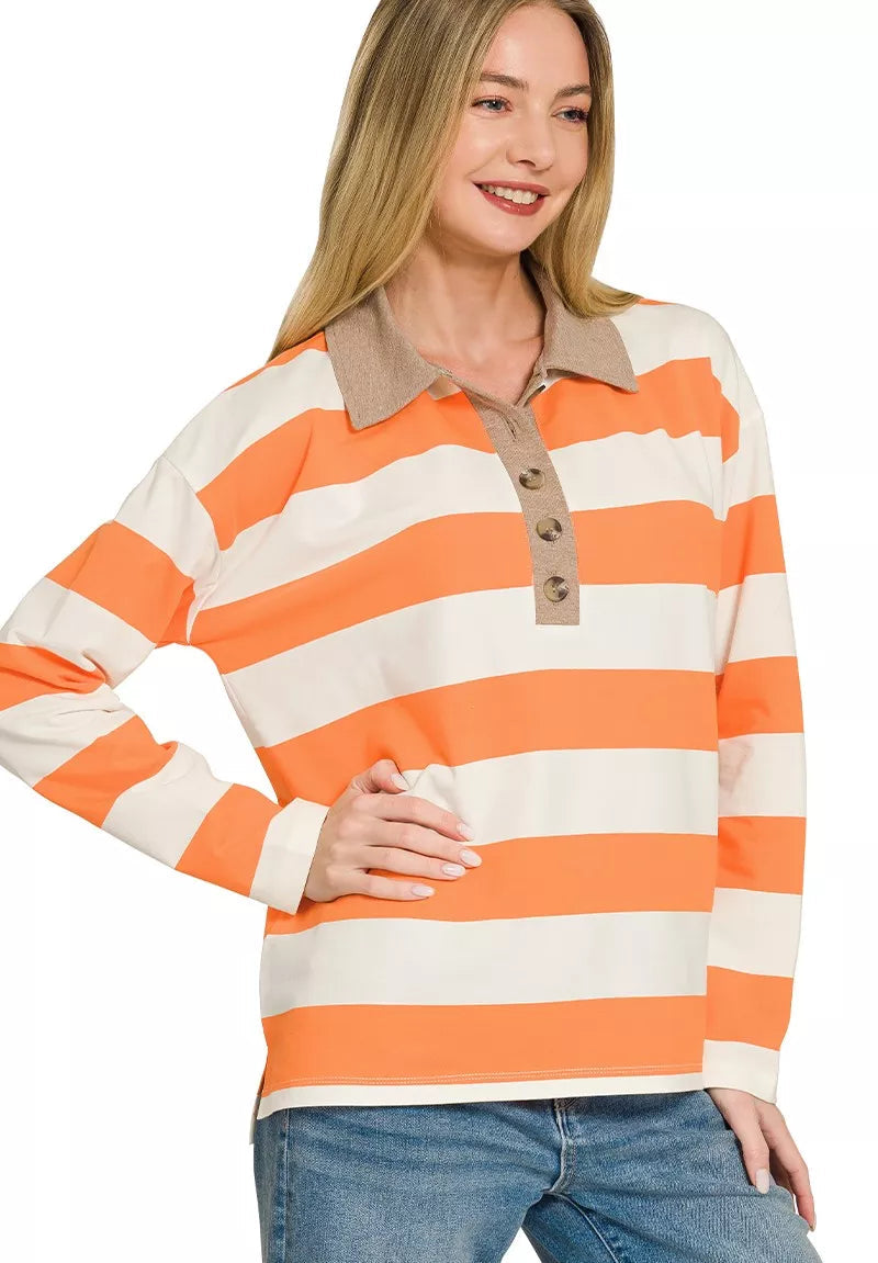 Orange and white striped long-sleeve polo top with contrast taupe collar and button placket