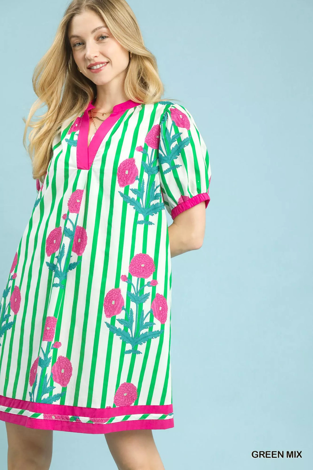 Green striped floral dress with pink collar and trim, short puff sleeves