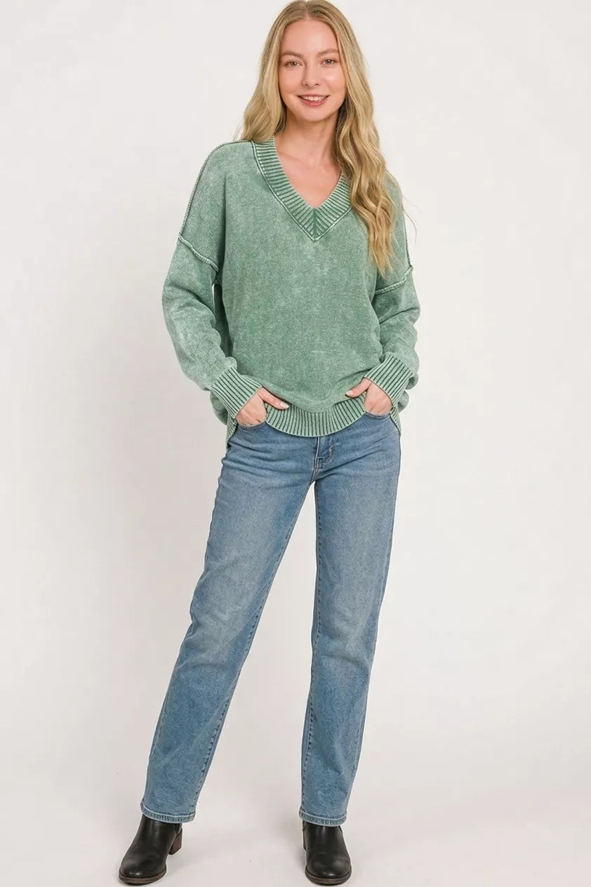 Green oversized V-neck washed sweater with ribbed cuffs and banded hem, long sleeves