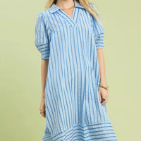 Blue-and-white striped midi dress with puff sleeves, V-neck.