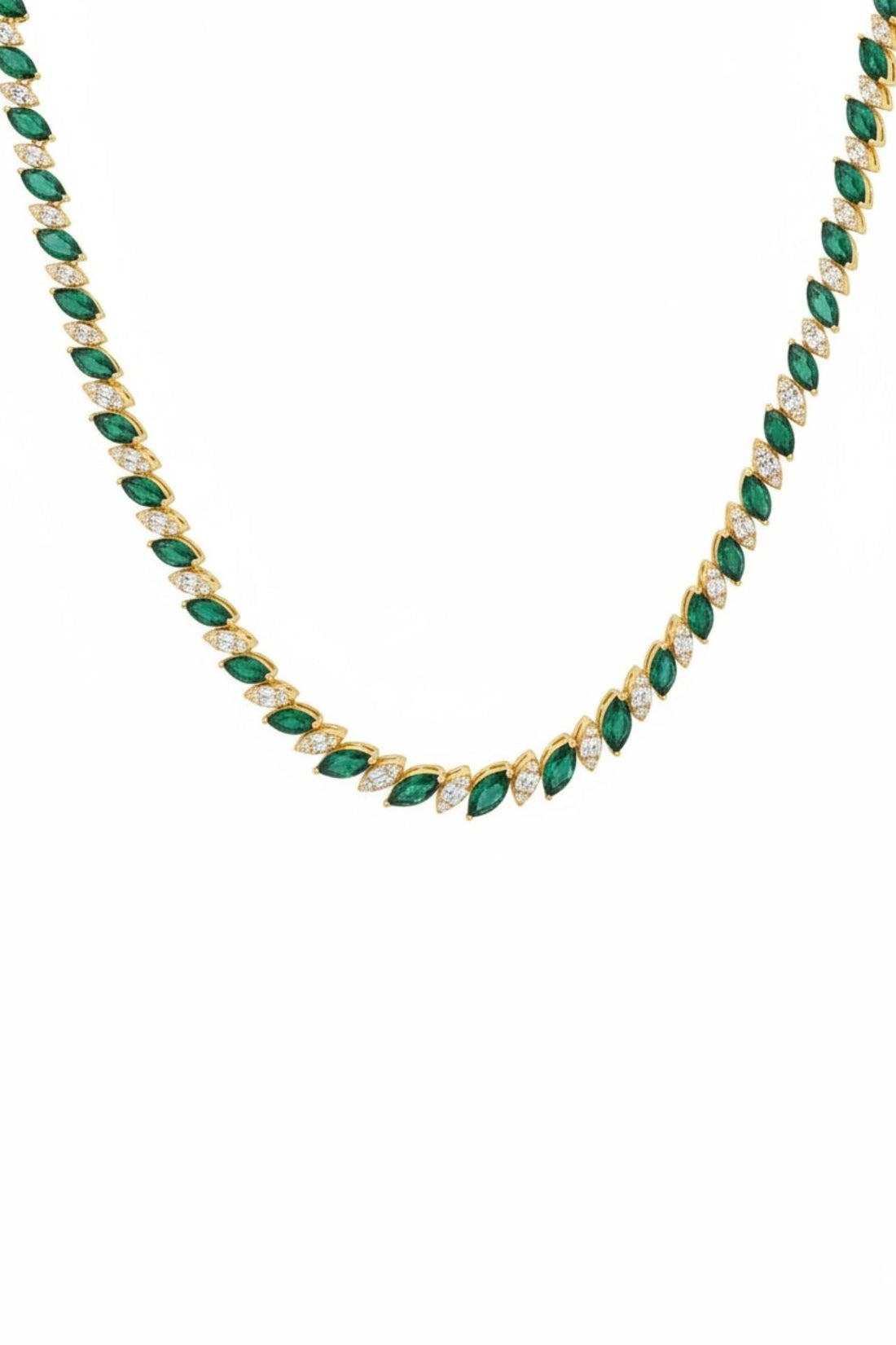 Gold-tone tennis necklace with emerald-green teardrop stones in repeating rows
