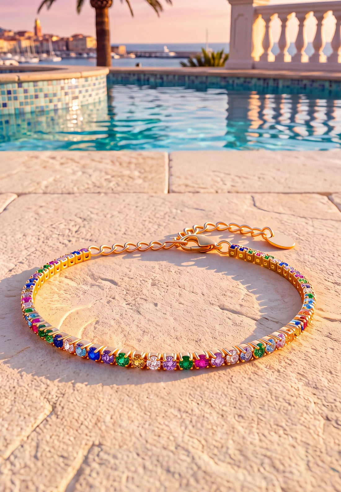 Gold rainbow CZ tennis bracelet with heart-shaped toggle clasp