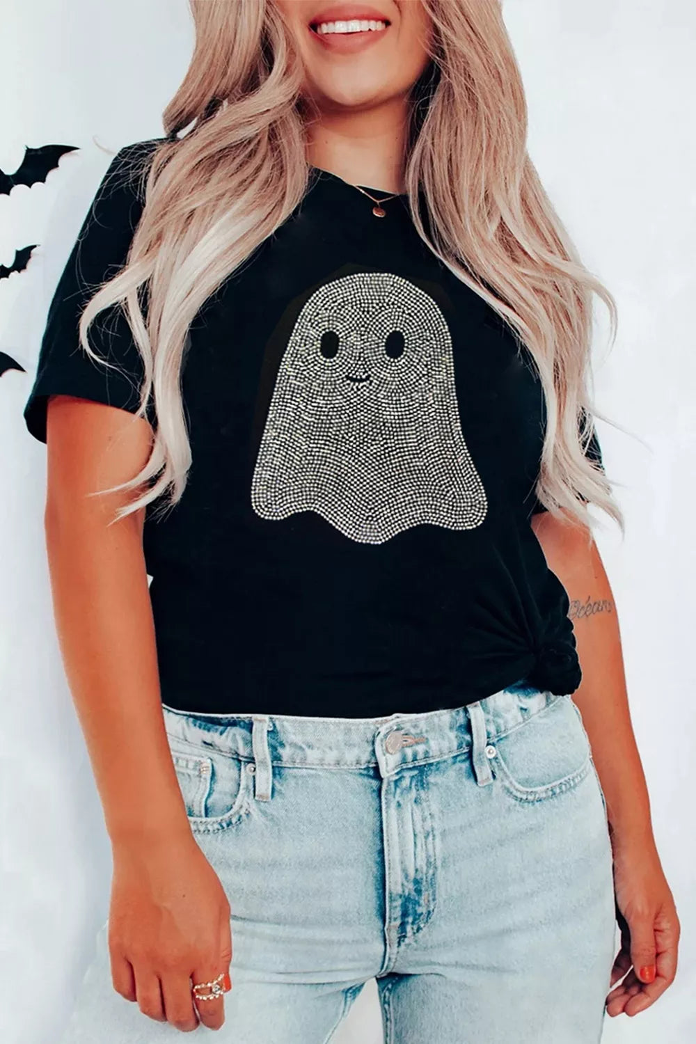 Black rhinestone ghost graphic round-neck T-shirt on model, short sleeves